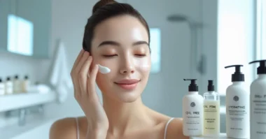 Woman applying oil-free face lotion in bright bathroom with clear, matte skin.