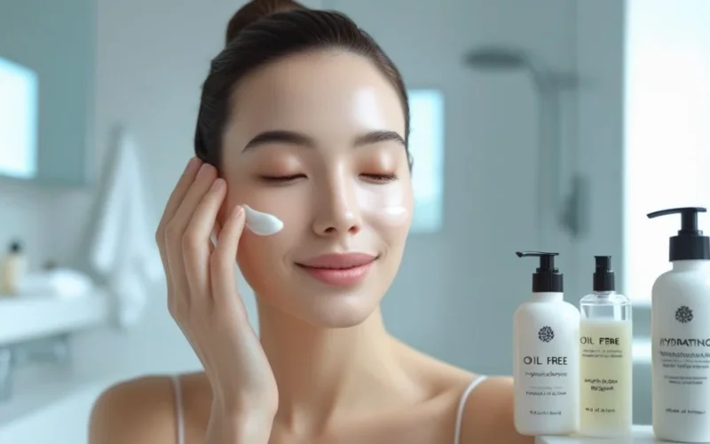 Woman applying oil-free face lotion in bright bathroom with clear, matte skin.