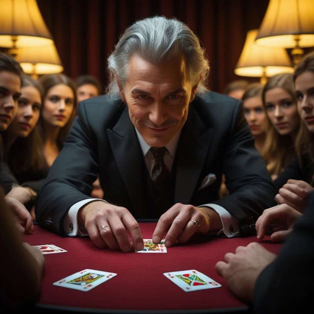 Dai Vernon performing close-up card magic with focused hand movements. 
