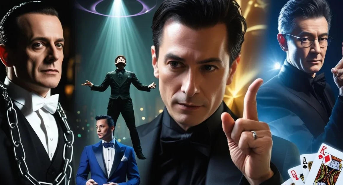 Famous magicians performing iconic magic acts on stage and street.