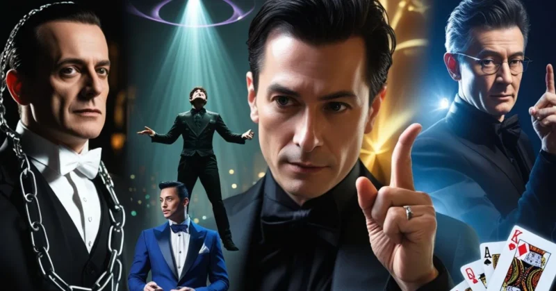 Famous magicians performing iconic magic acts on stage and street.