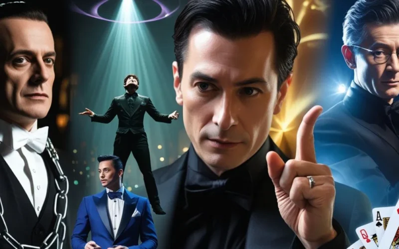 Famous magicians performing iconic magic acts on stage and street.