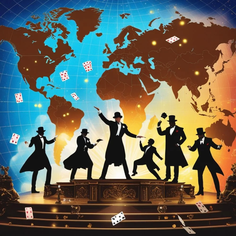 Silhouettes of iconic magicians symbolizing global influence on illusion. 