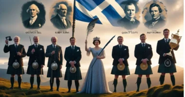 Scottish figures in kilts pose with flag and symbols; portraits of Bell, Burns, Mary, and Murray appear above.