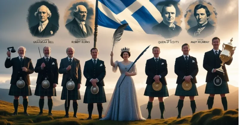 Scottish figures in kilts pose with flag and symbols; portraits of Bell, Burns, Mary, and Murray appear above.