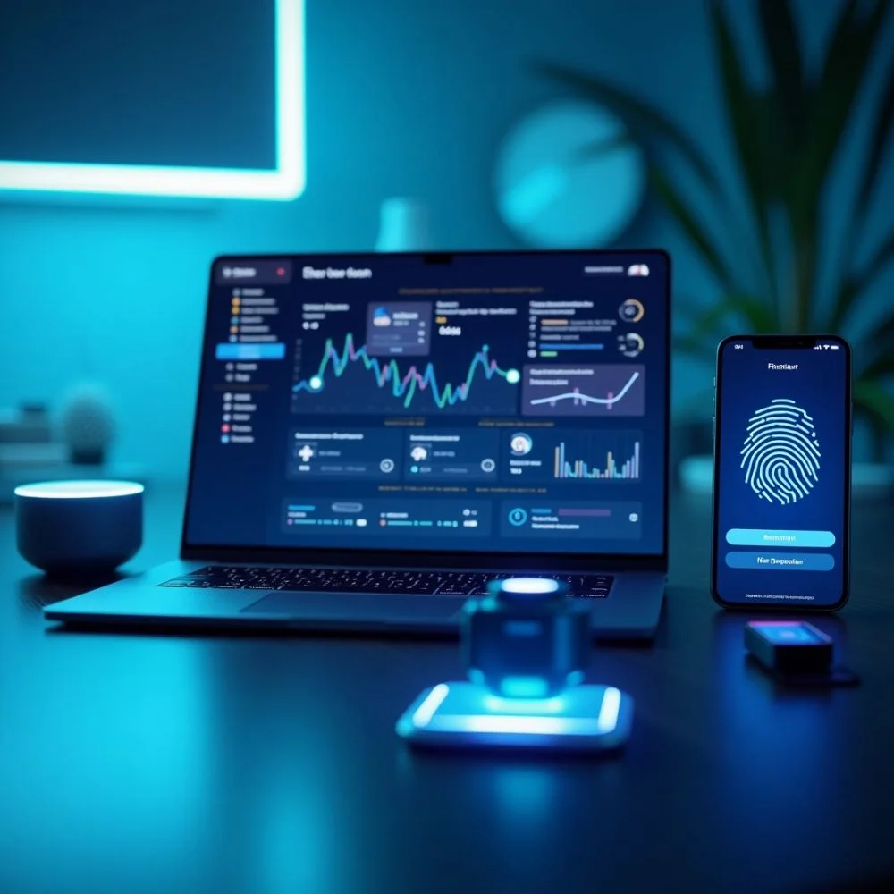 Image of Futuristic fintech tech workspace 
