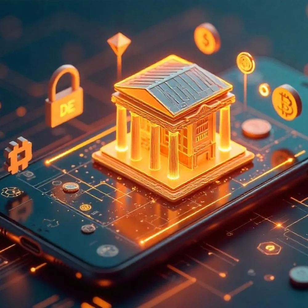 Visual of Fintech AI blockchain crypto icons 