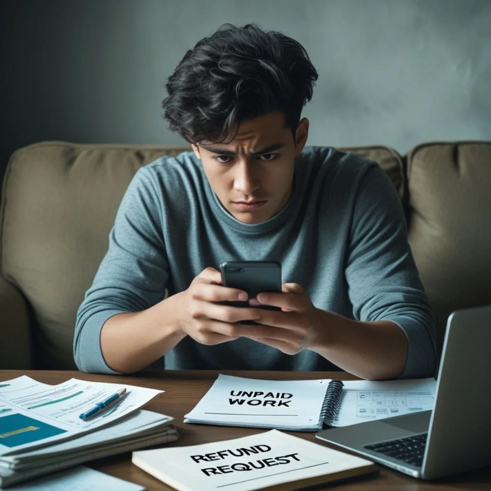 Person reflecting on unpaid Give Me My Money dues while reviewing emails and bills. 