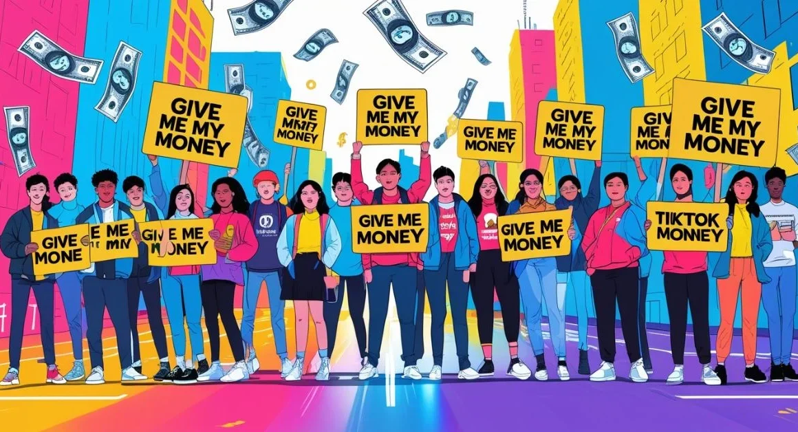 Diverse group holding "Give Me My Money" signs in a bold social media protest scene. Select 85 more words to run Humanizer.
