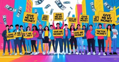 Diverse group holding "Give Me My Money" signs in a bold social media protest scene. Select 85 more words to run Humanizer.