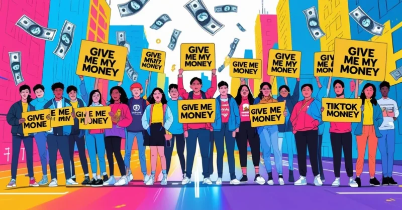 Diverse group holding "Give Me My Money" signs in a bold social media protest scene. Select 85 more words to run Humanizer.