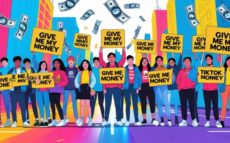 Diverse group holding "Give Me My Money" signs in a bold social media protest scene. Select 85 more words to run Humanizer.