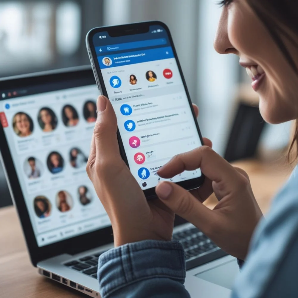 Person posting social media updates with visible engagement on past posts. 