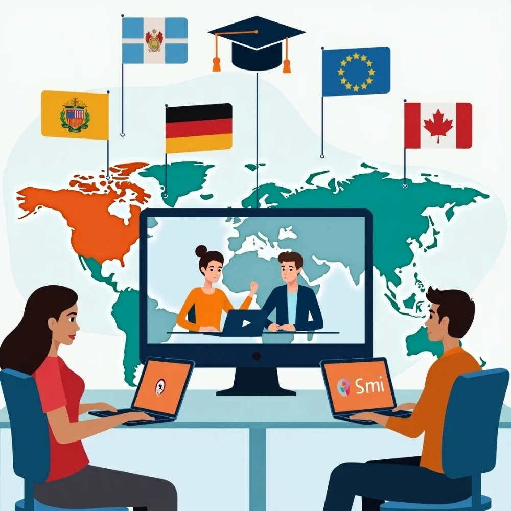 Image of International students connected online in a virtual classroom, symbolizing global education and cultural exchange.