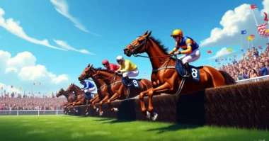 Image of Grand National 2025 horse race at Aintree with fans and jockeys in action.