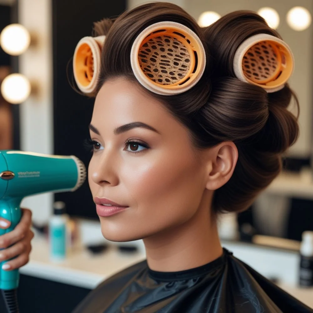 Woman adding crown volume with brush, rollers, and spray. 