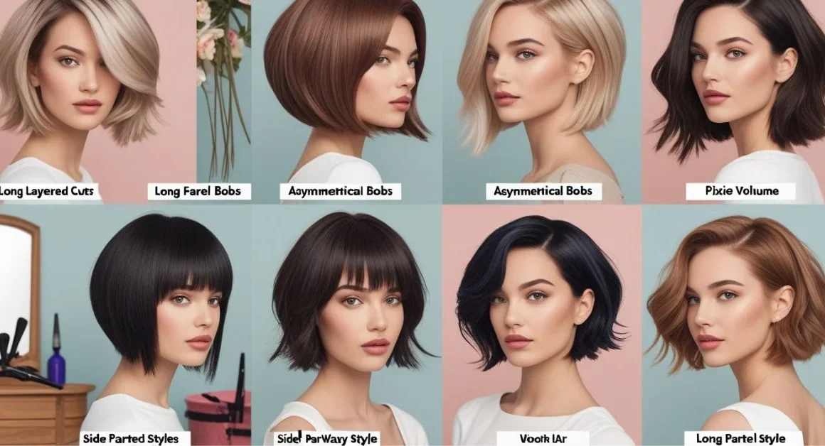 Collage of flattering hairstyles for round faces with labeled cuts.
