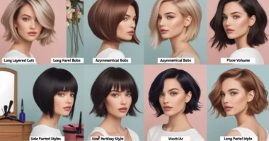 Collage of flattering hairstyles for round faces with labeled cuts.