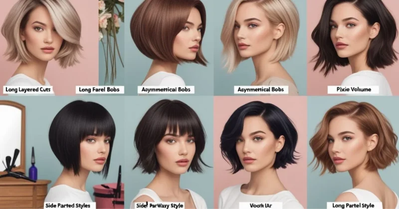 Collage of flattering hairstyles for round faces with labeled cuts.