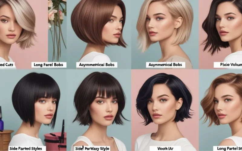 Collage of flattering hairstyles for round faces with labeled cuts.
