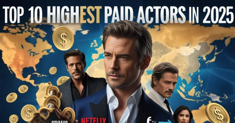 "Top 10 highest paid actors of 2025 with global film and streaming visuals."