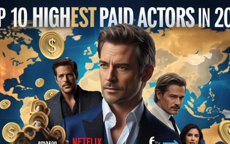 "Top 10 highest paid actors of 2025 with global film and streaming visuals."
