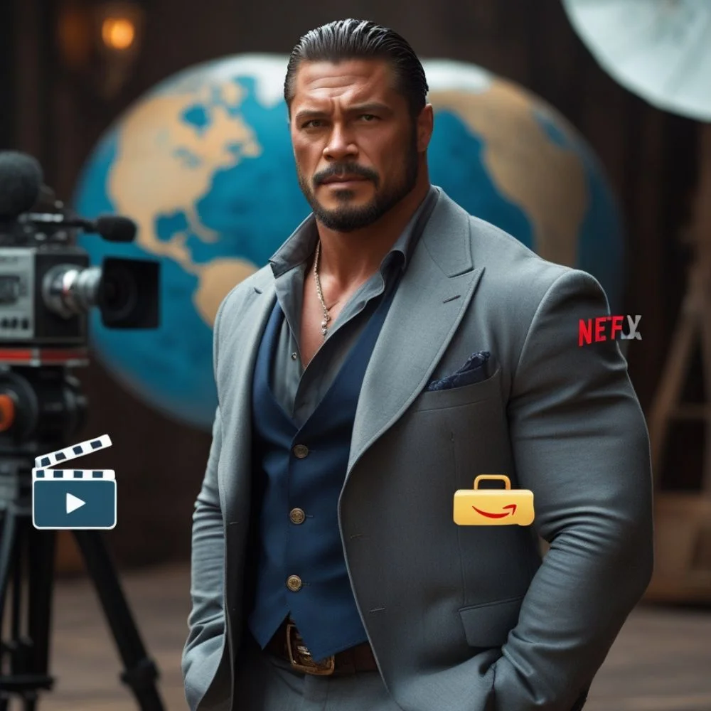 "Jason Momoa with film, fashion, and streaming icons showing global success." 