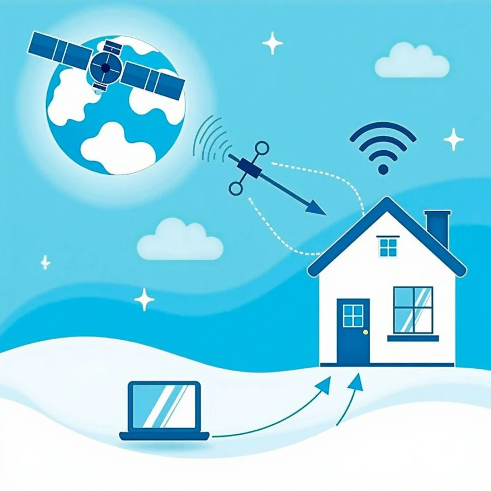 Illustration of a satellite sending signals to a house with antenna, Wi-Fi symbol, and laptop showing satellite internet connection process 