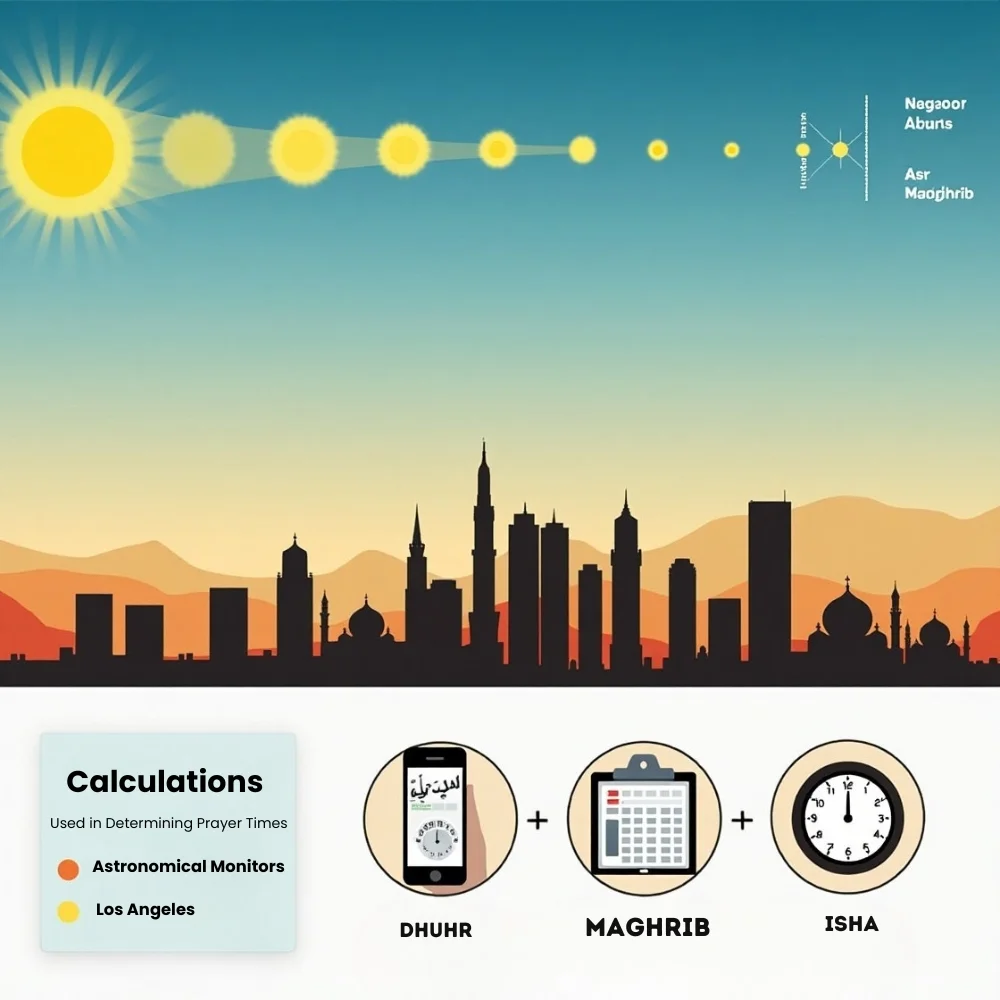 Image of of sun positions and prayer times across a Los Angeles skyline with calculation methods like ISNA and Muslim apps shown