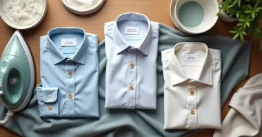 Image of flat lay of different shirts and laundry tools, illustrating how to shrink clothing by fabric type using safe and effective methods.
