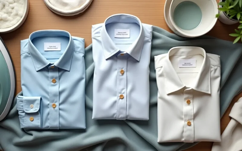 Image of flat lay of different shirts and laundry tools, illustrating how to shrink clothing by fabric type using safe and effective methods.