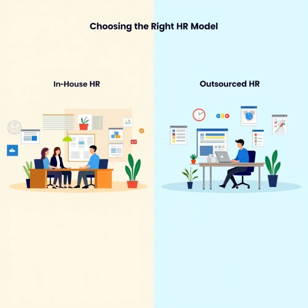 Side-by-side image showing an in-house HR team in an office and a small business owner using outsourced HR services through a video call. 