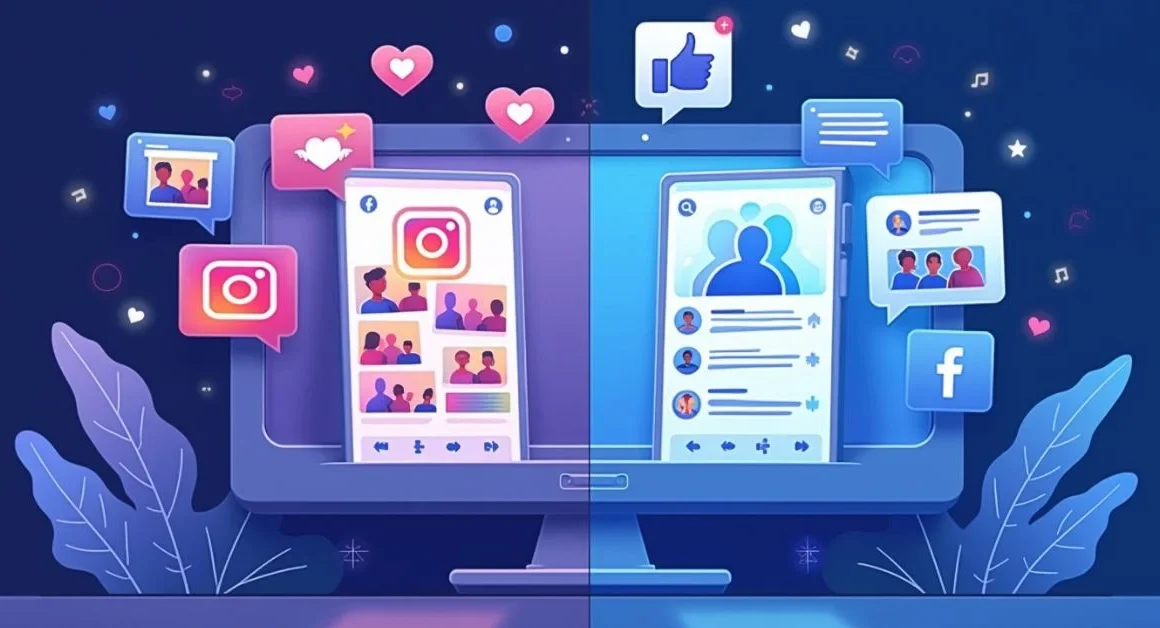 Split-screen showing Instagram’s mobile photo interface and Facebook’s desktop newsfeed with group and event icons