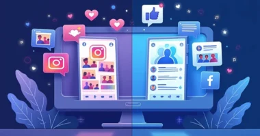 Split-screen showing Instagram’s mobile photo interface and Facebook’s desktop newsfeed with group and event icons