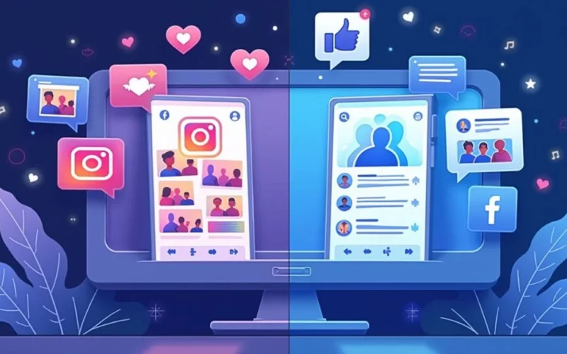 Split-screen showing Instagram’s mobile photo interface and Facebook’s desktop newsfeed with group and event icons