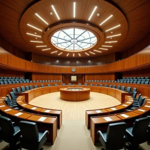 Interior view of the Civic Centre’s circular council chamber. 