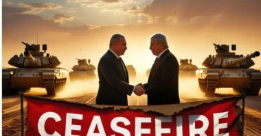 Military withdrawal and handshake showing ceasefire agreement.