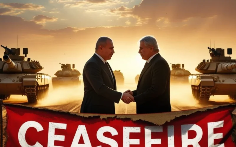 Military withdrawal and handshake showing ceasefire agreement.