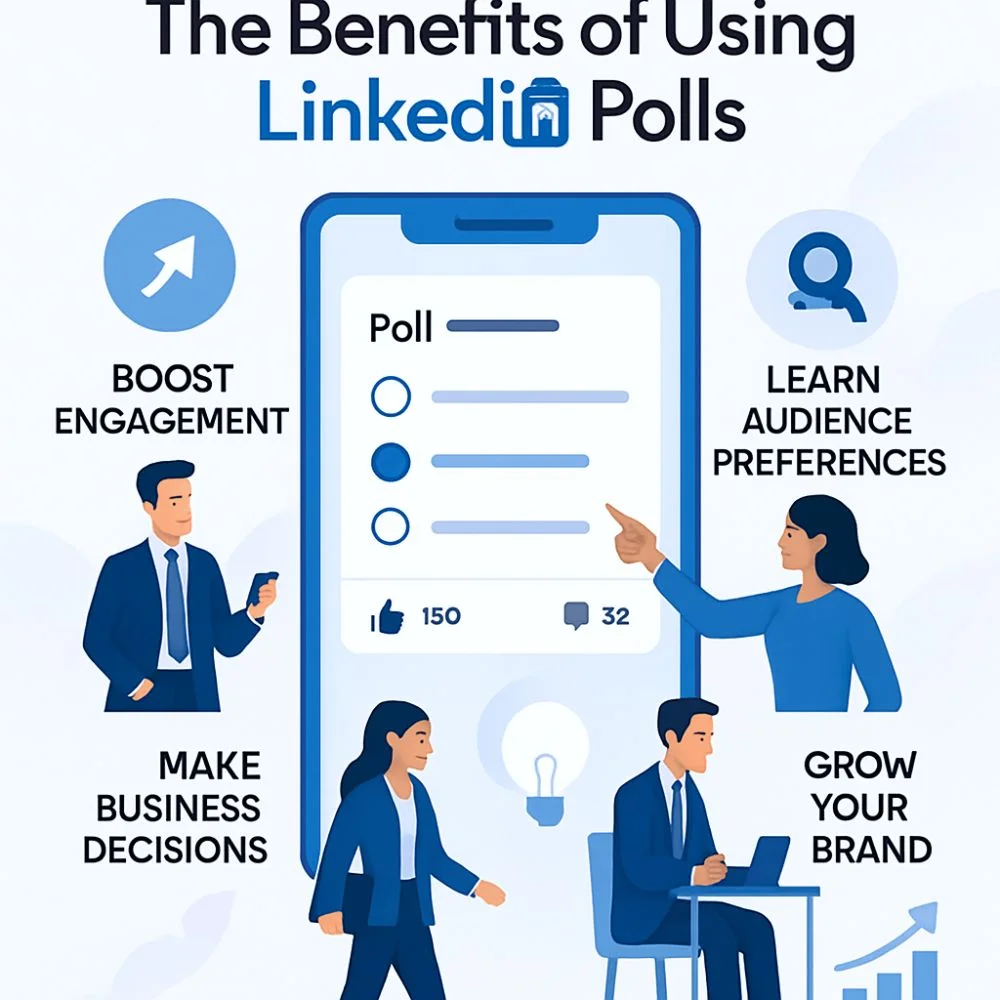 Infographic showing top benefits of LinkedIn Polls with icons and a poll interface. 