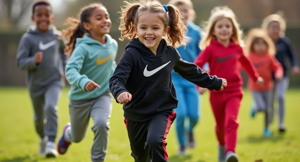 Group of happy kids wearing Nike Tech Fleece outfits while playing and running outdoors on a sunny day.