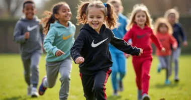 Group of happy kids wearing Nike Tech Fleece outfits while playing and running outdoors on a sunny day.