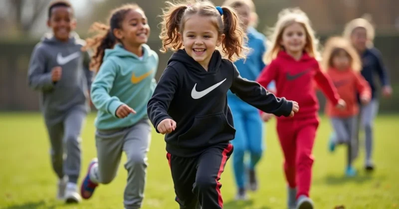 Group of happy kids wearing Nike Tech Fleece outfits while playing and running outdoors on a sunny day.