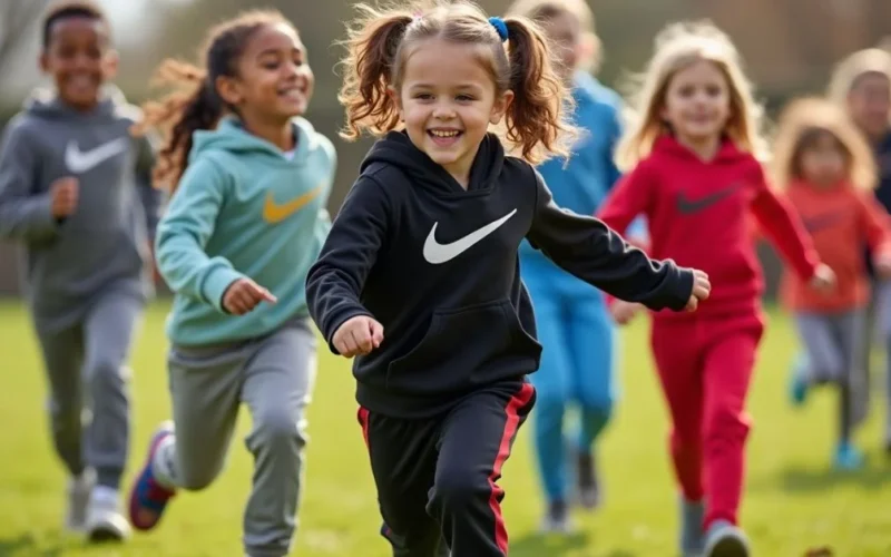 Group of happy kids wearing Nike Tech Fleece outfits while playing and running outdoors on a sunny day.