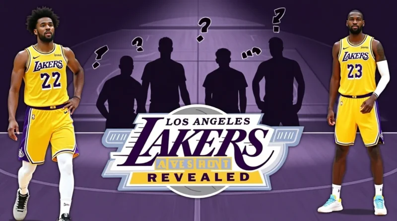 Image of Lakers trade targets with player silhouettes and team logo
