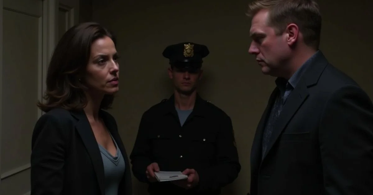 image of Tense confrontation between woman, man, detective.