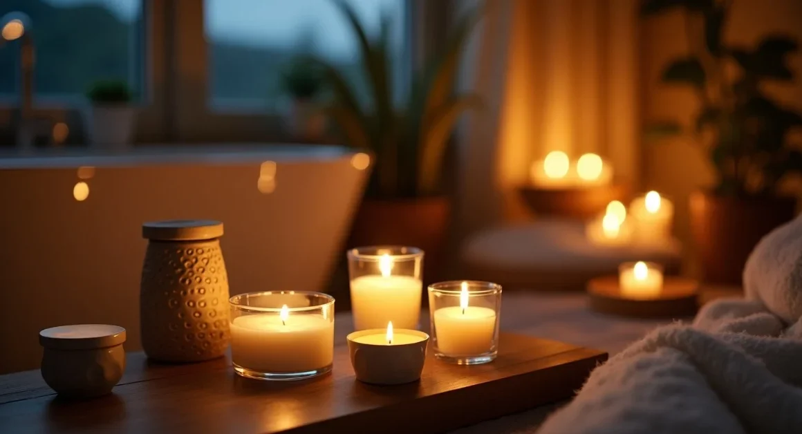 Image of A warm, softly lit room with glowing candles creating a peaceful and cozy atmosphere, perfect for relaxation and mood setting.
