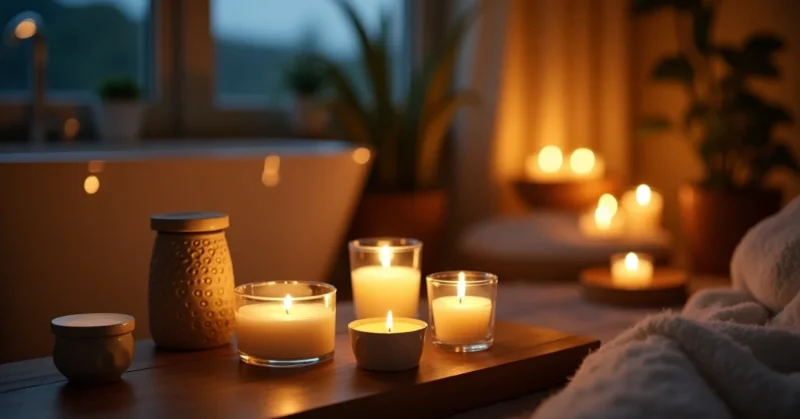 Image of A warm, softly lit room with glowing candles creating a peaceful and cozy atmosphere, perfect for relaxation and mood setting.