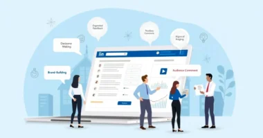 Illustration of professionals interacting with a LinkedIn Poll, highlighting feedback, ideas, and engagement benefits.