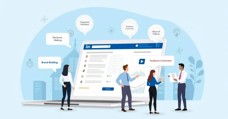 Illustration of professionals interacting with a LinkedIn Poll, highlighting feedback, ideas, and engagement benefits.