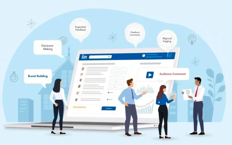 Illustration of professionals interacting with a LinkedIn Poll, highlighting feedback, ideas, and engagement benefits.